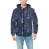 Blue Theme guitar pattern Men's Padded Hooded Jacket