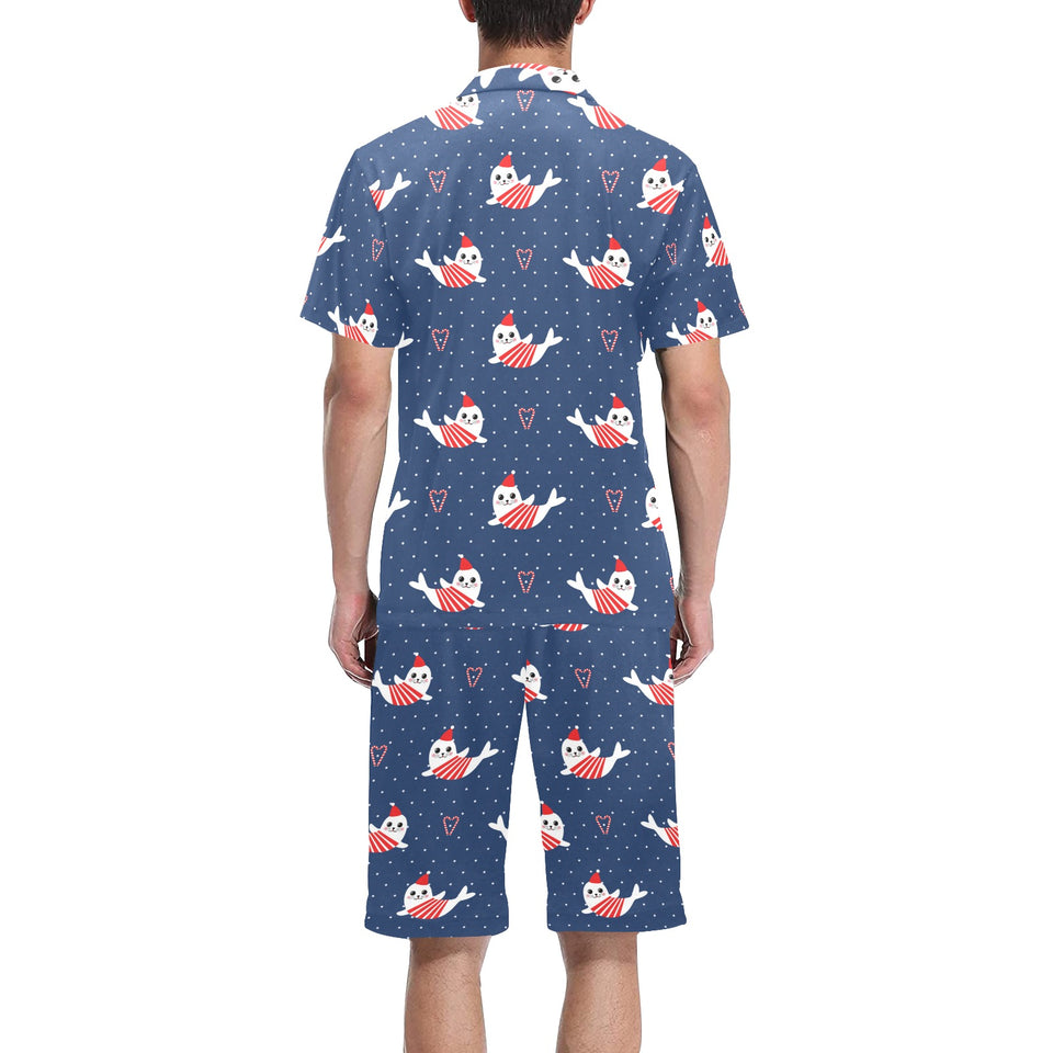 Cute sea lion seal christmas hat candy cane heart Men's V-Neck Short Pajama Set