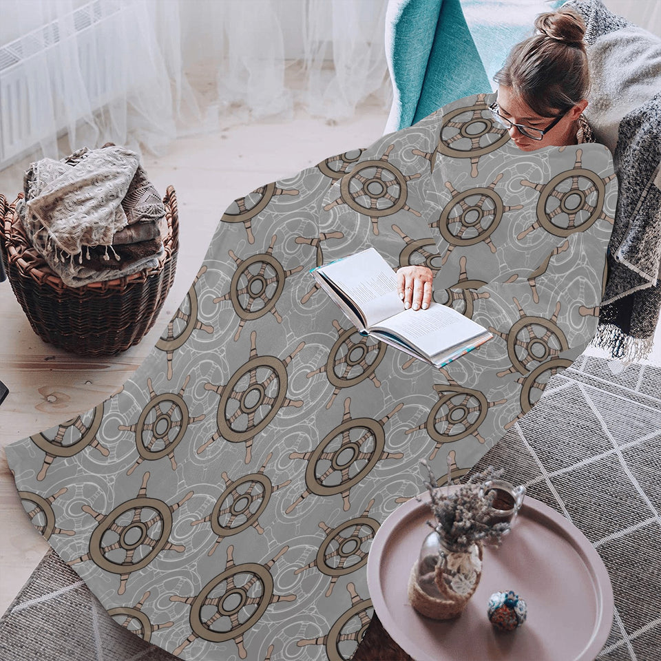 nautical wood steering wheel pattern Blanket Robe with Sleeves