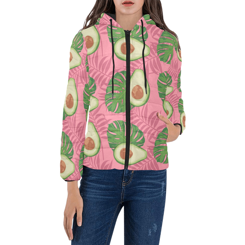 Avocado slices leaves pink back ground Women's Padded Hooded Jacket