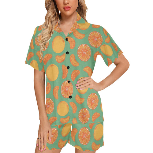 orange fruit pattern green background Women's V-Neck Short Pajama Set