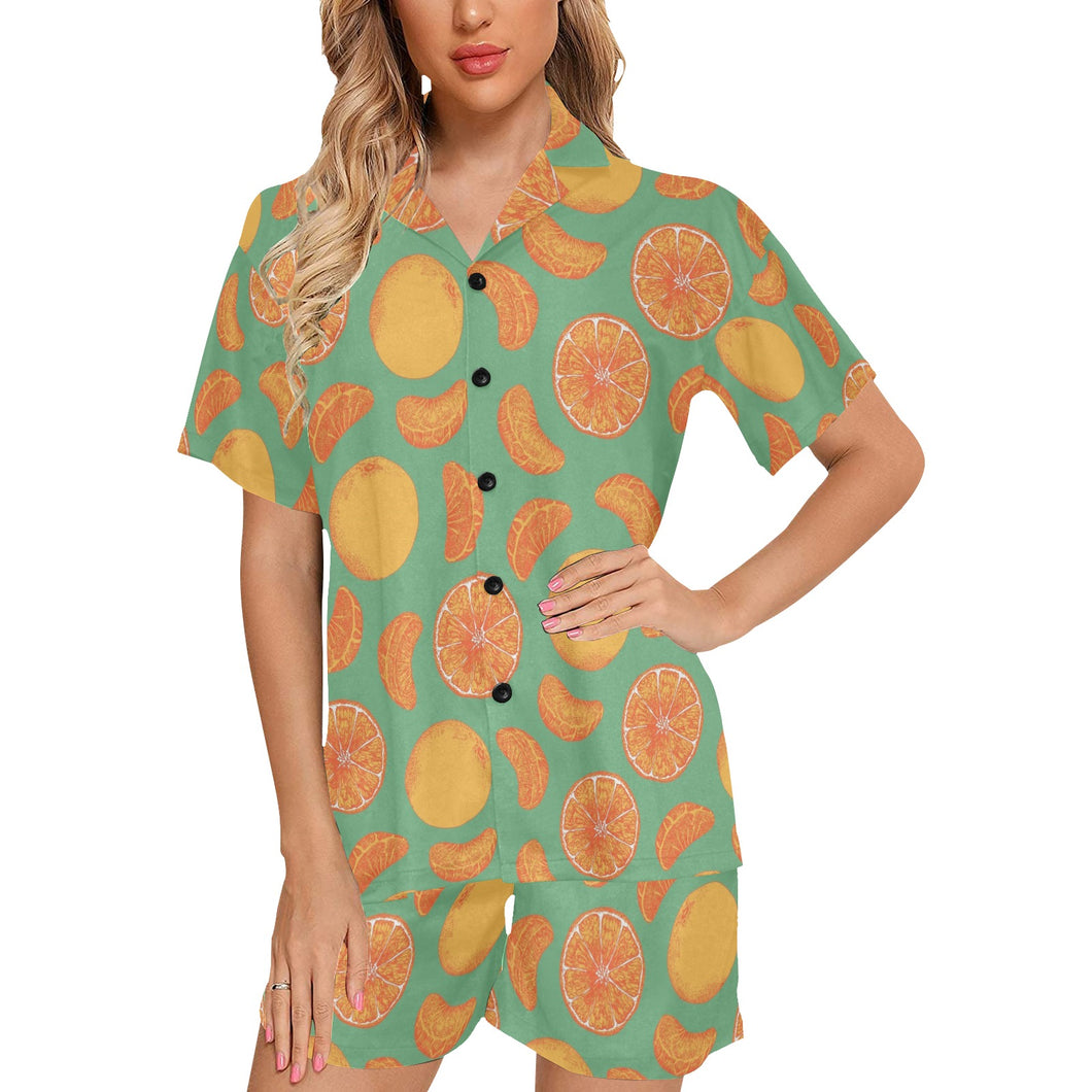 orange fruit pattern green background Women's V-Neck Short Pajama Set