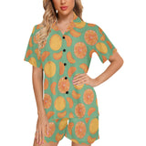 orange fruit pattern green background Women's V-Neck Short Pajama Set