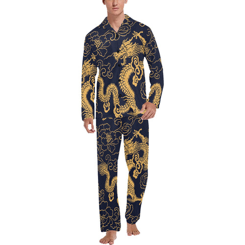 Gold dragon pattern Men's Long Pajama Set