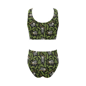 Cute sloths tropical palm leaves black background Chest Bowknot High Waisted Bikini Swimsuit