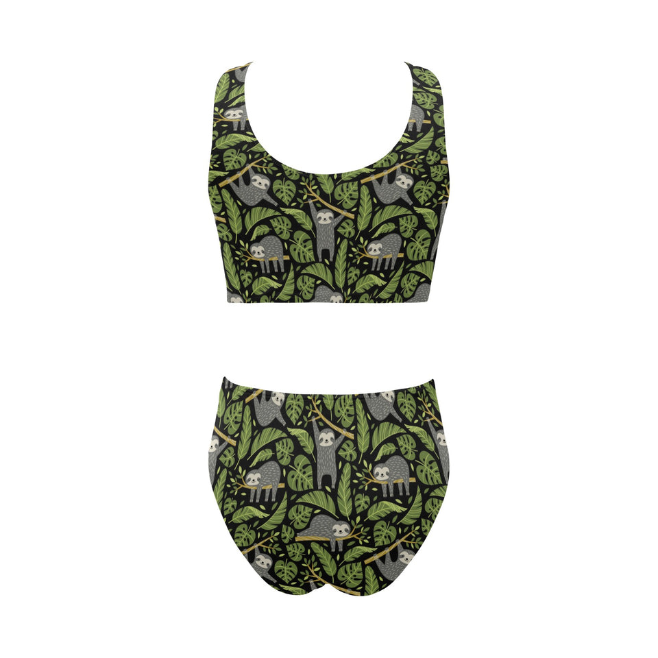 Cute sloths tropical palm leaves black background Chest Bowknot High Waisted Bikini Swimsuit