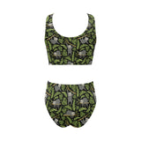 Cute sloths tropical palm leaves black background Chest Bowknot High Waisted Bikini Swimsuit