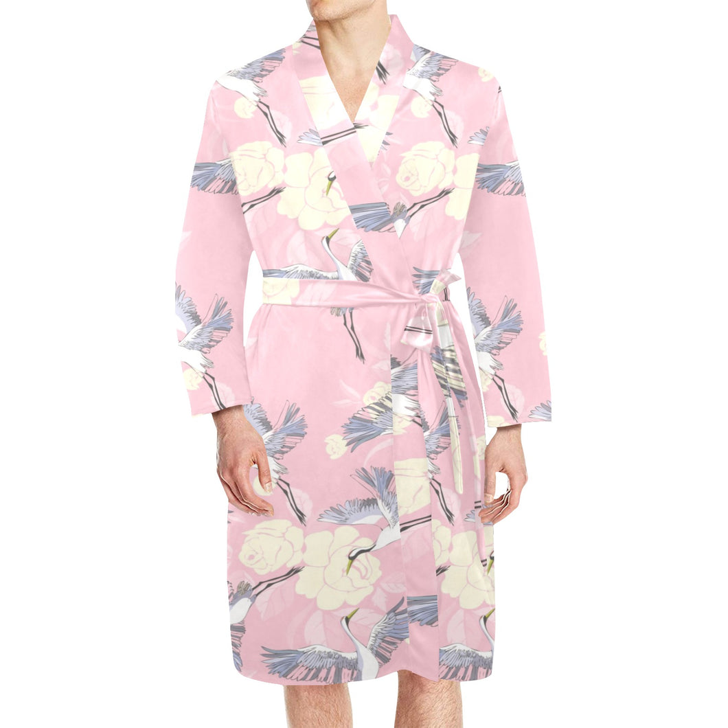 Japanese crane pink sakura pattern Men's Long Sleeve Belted Night Robe