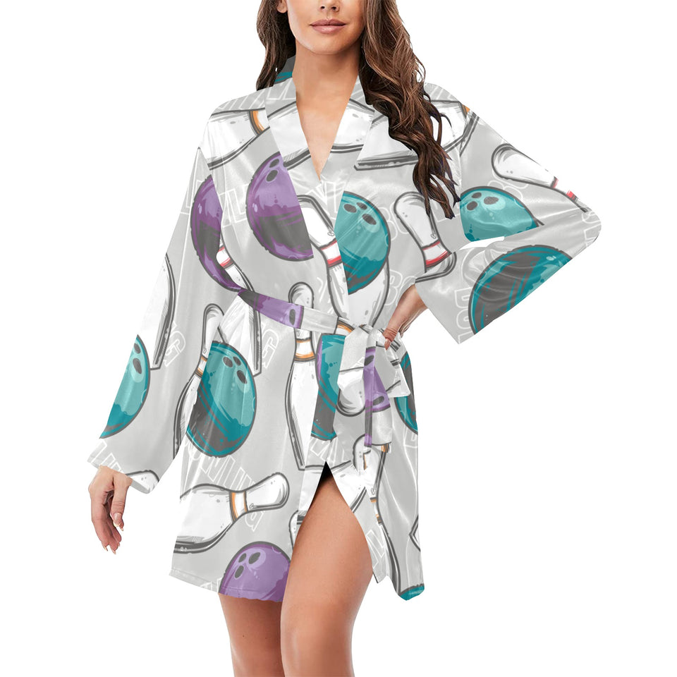 Bowling ball and pin gray background Women's Long Sleeve Belted Night Robe