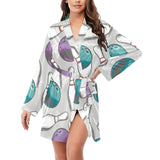 Bowling ball and pin gray background Women's Long Sleeve Belted Night Robe