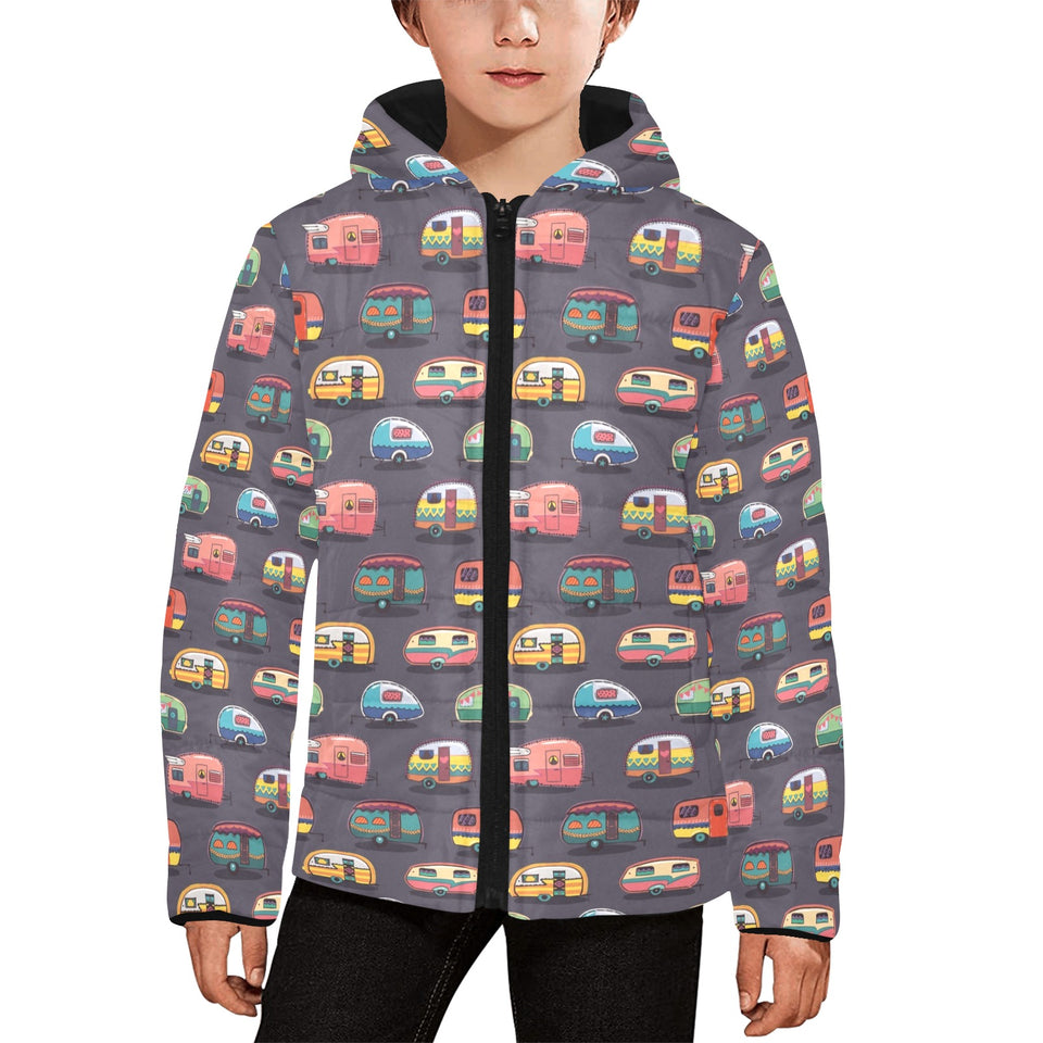 Camper Van Pattern Print Design 02 Kids' Boys' Girls' Padded Hooded Jacket