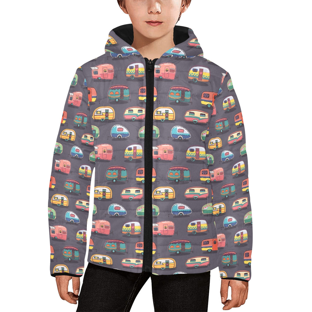 Camper Van Pattern Print Design 02 Kids' Boys' Girls' Padded Hooded Jacket