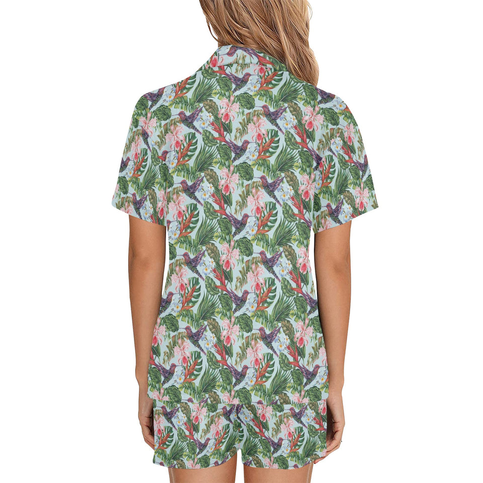 Hummingbird Pattern Print Design 05 Women's V-Neck Short Pajama Set