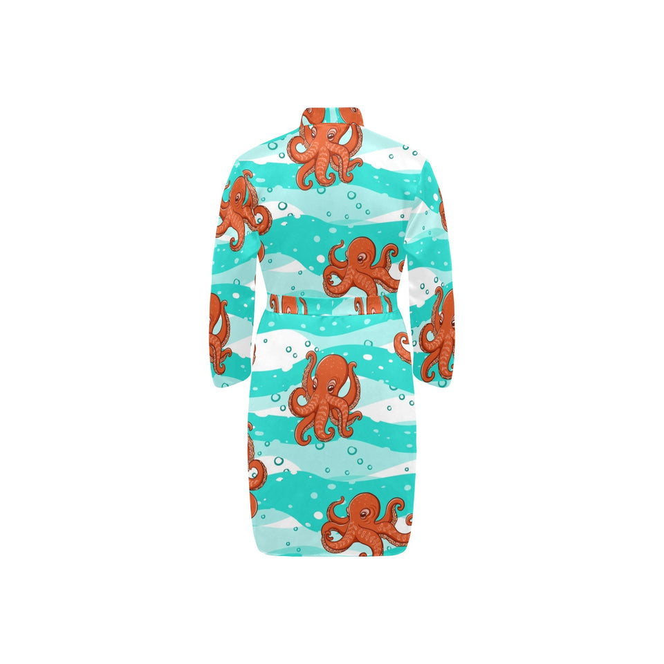 Octopuses sea wave background Men's Long Sleeve Belted Night Robe