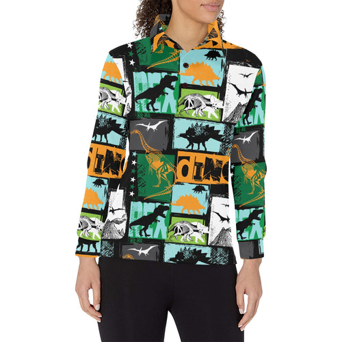dinosaurs print pattern Women's Long Sleeve Polo Shirt