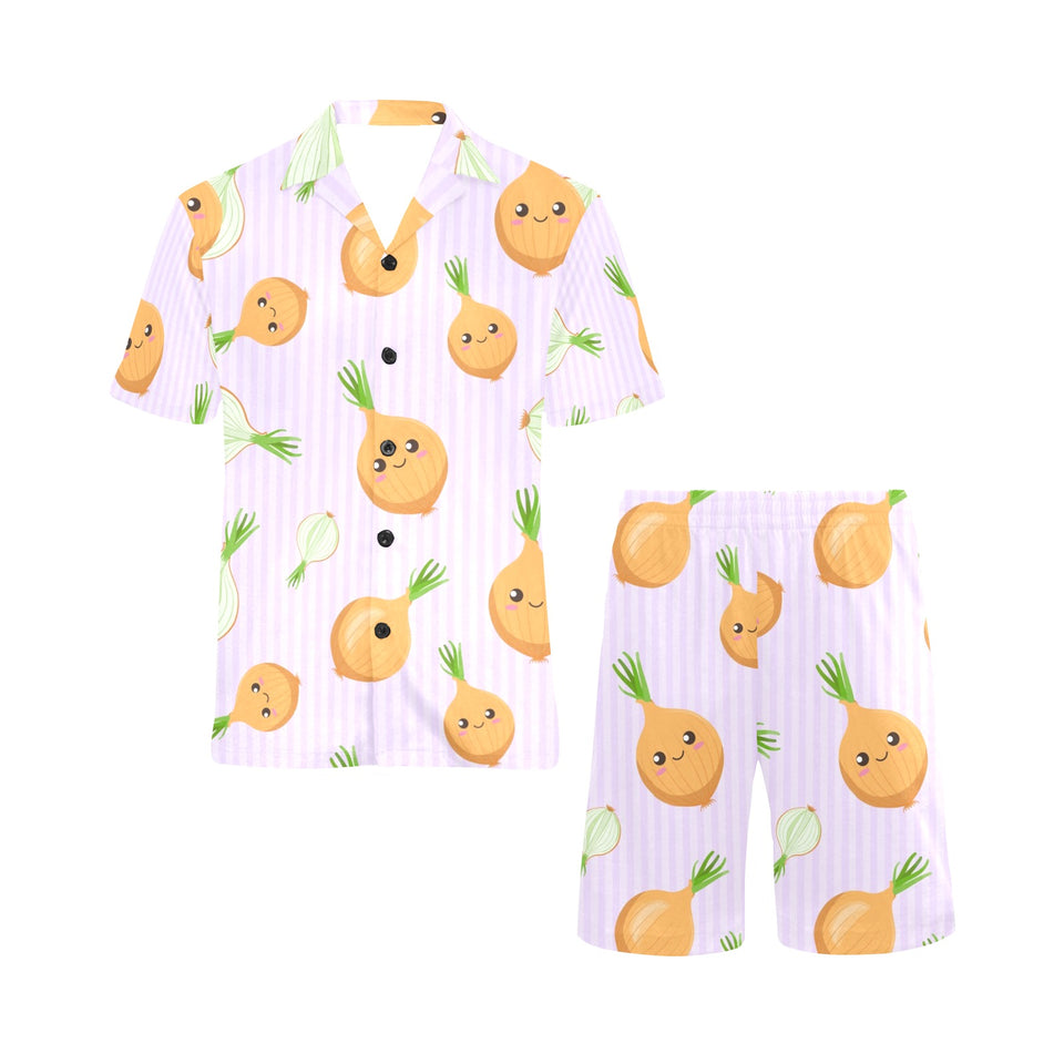cute onions smiling faces purple background Men's V-Neck Short Pajama Set