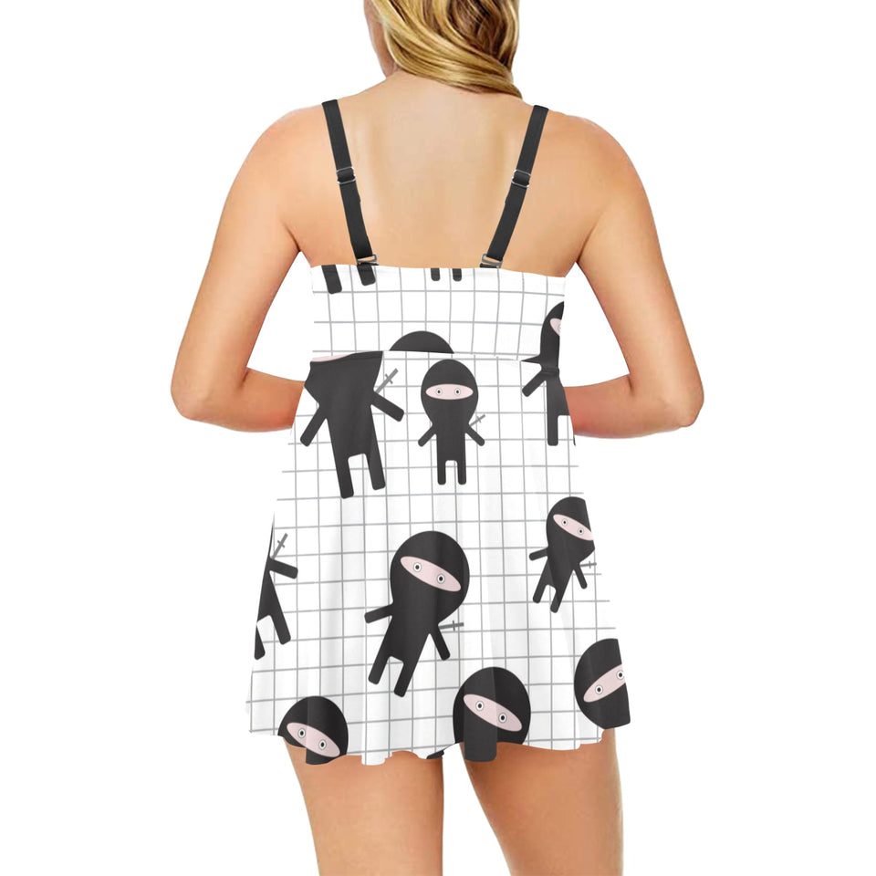 Ninja pattern plaid background Chest Sexy Pleated Two Piece Swim Dress