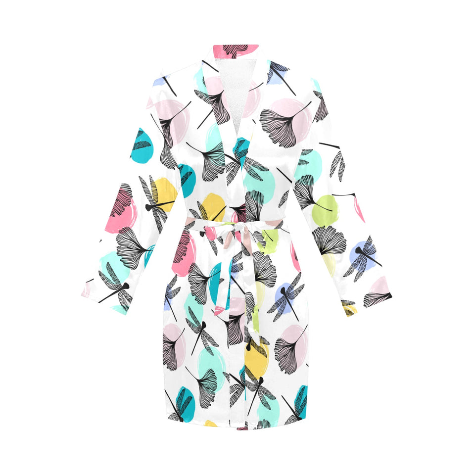 Dragonflies ginkgo leaves pattern Women's Long Sleeve Belted Night Robe
