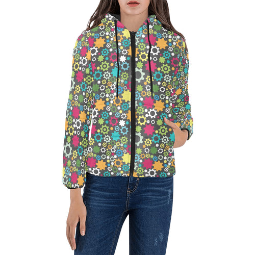 Gear Pattern Print Design 03 Women's Padded Hooded Jacket