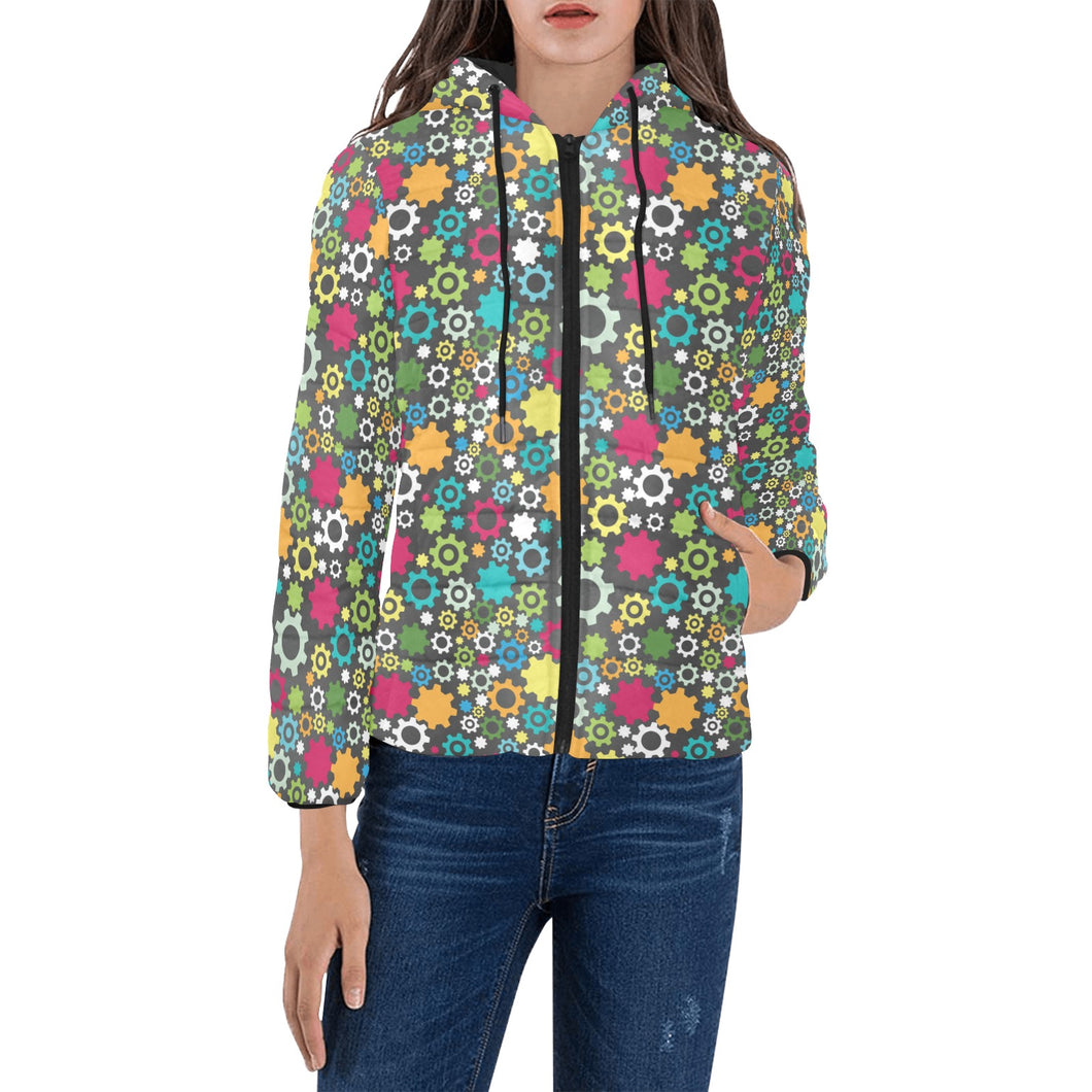 Gear Pattern Print Design 03 Women's Padded Hooded Jacket