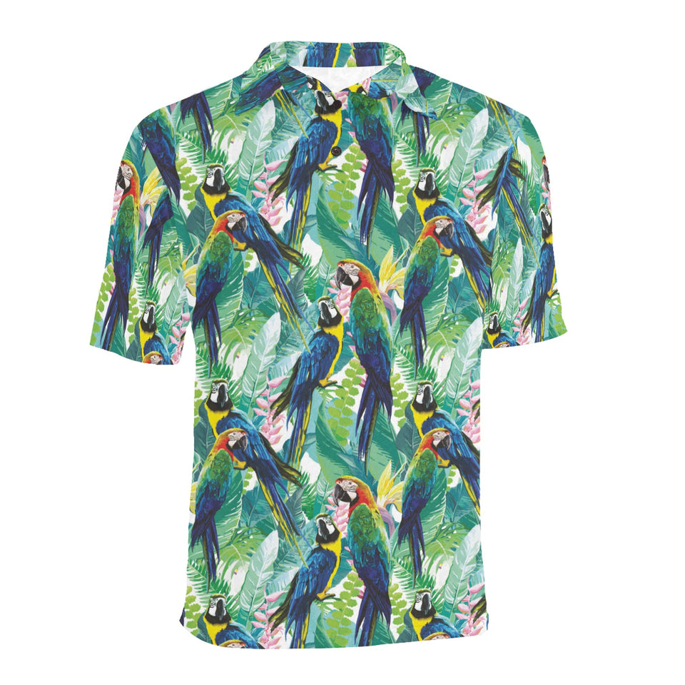 Colorful parrot exotic flower leaves Men's All Over Print Polo Shirt