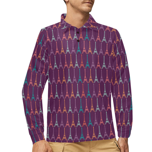 Eiffel Tower Pattern Print Design 05 Men's Long Sleeve Polo Shirt