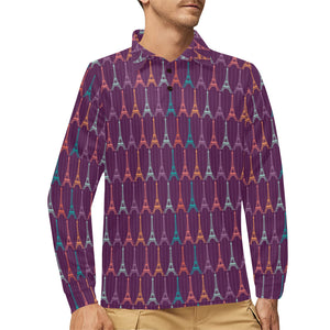 Eiffel Tower Pattern Print Design 05 Men's Long Sleeve Polo Shirt