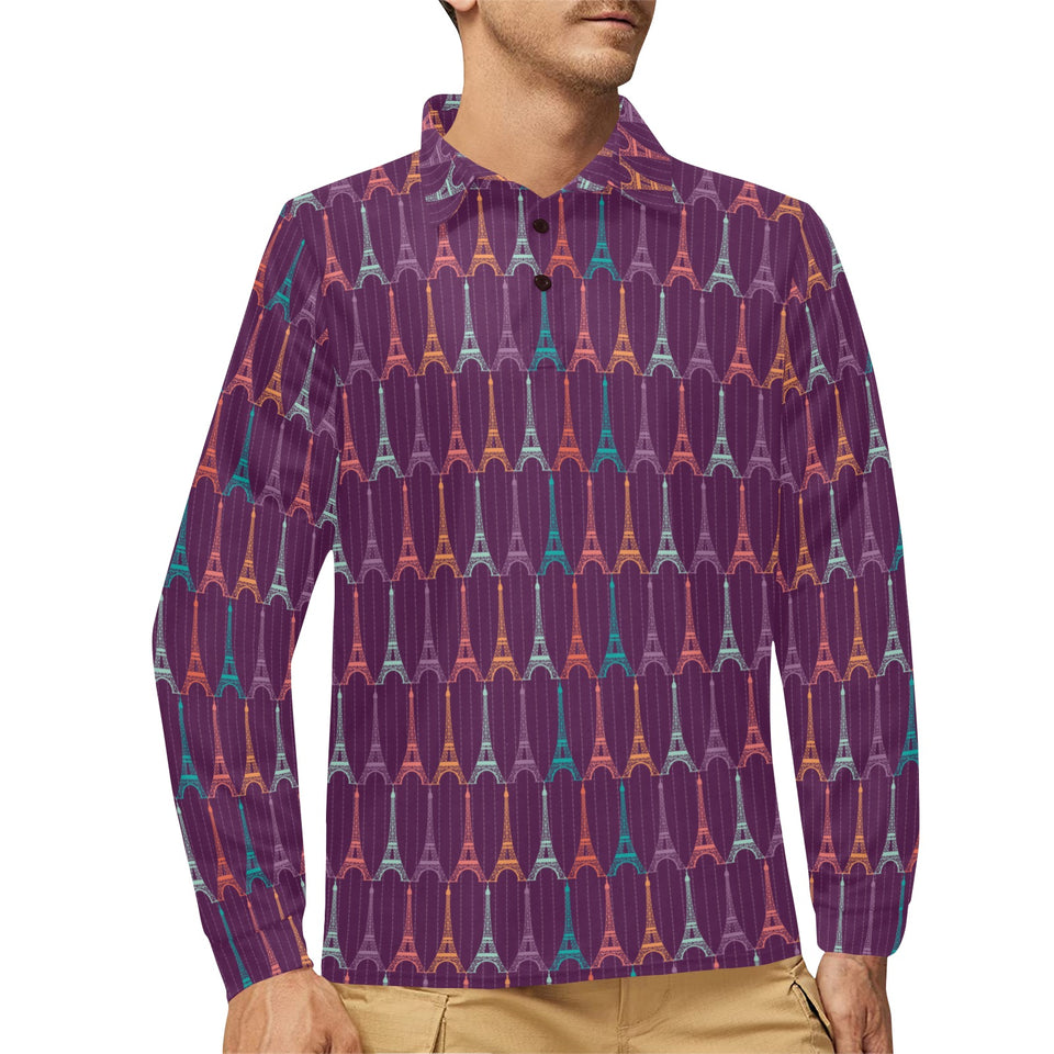 Eiffel Tower Pattern Print Design 05 Men's Long Sleeve Polo Shirt