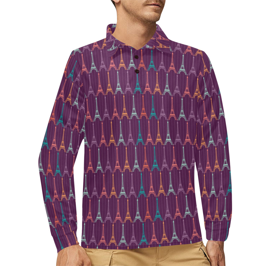 Eiffel Tower Pattern Print Design 05 Men's Long Sleeve Polo Shirt