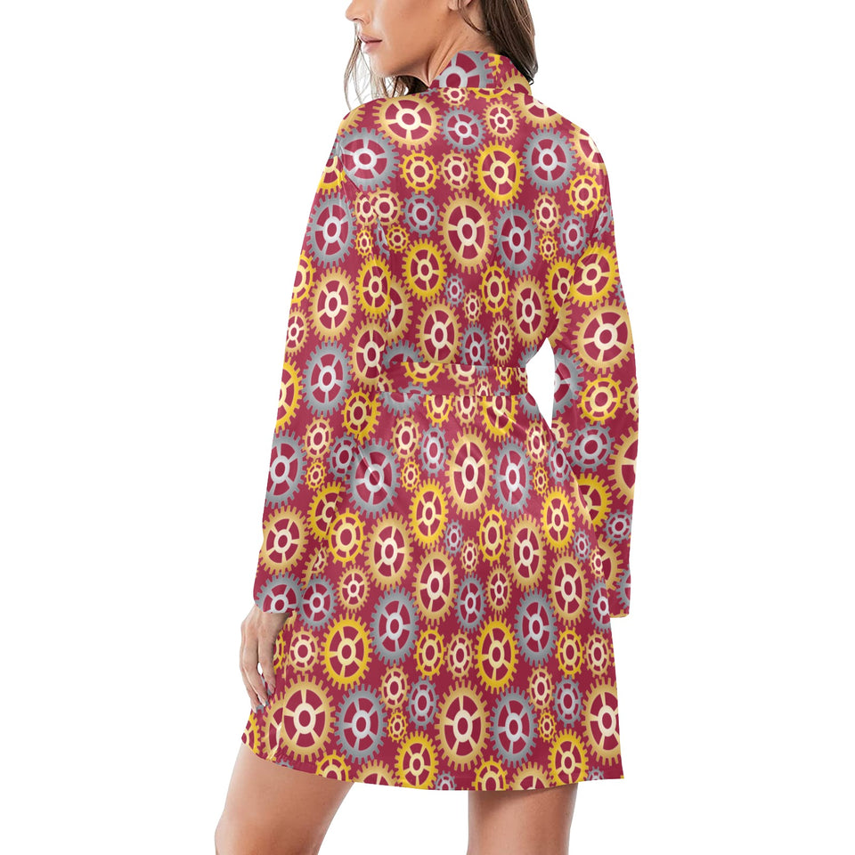 Gear Pattern Print Design 04 Women's Long Sleeve Belted Night Robe