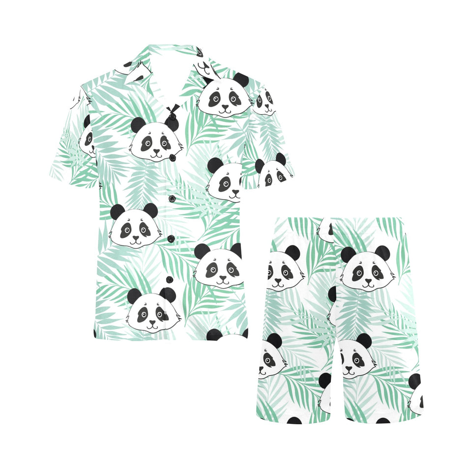 Panda pattern tropical leaves background Men's V-Neck Short Pajama Set
