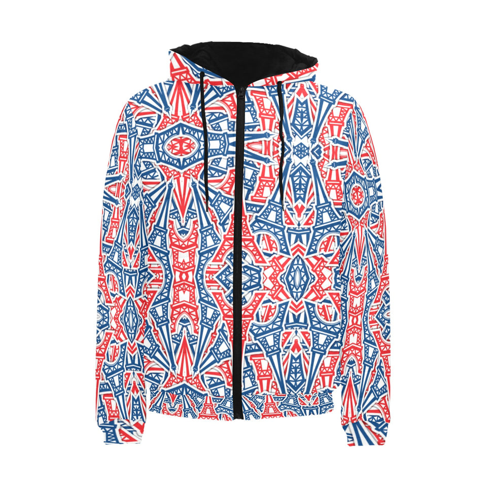 Blue Red Eiffel Tower Pattern Print Design 02 Men's Padded Hooded Jacket