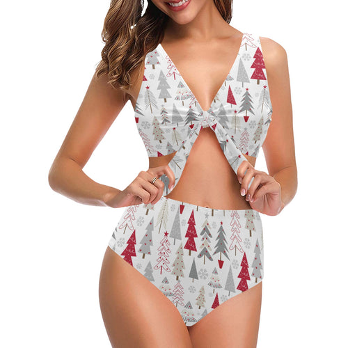 Cute Christmas tree pattern Chest Bowknot High Waisted Bikini Swimsuit