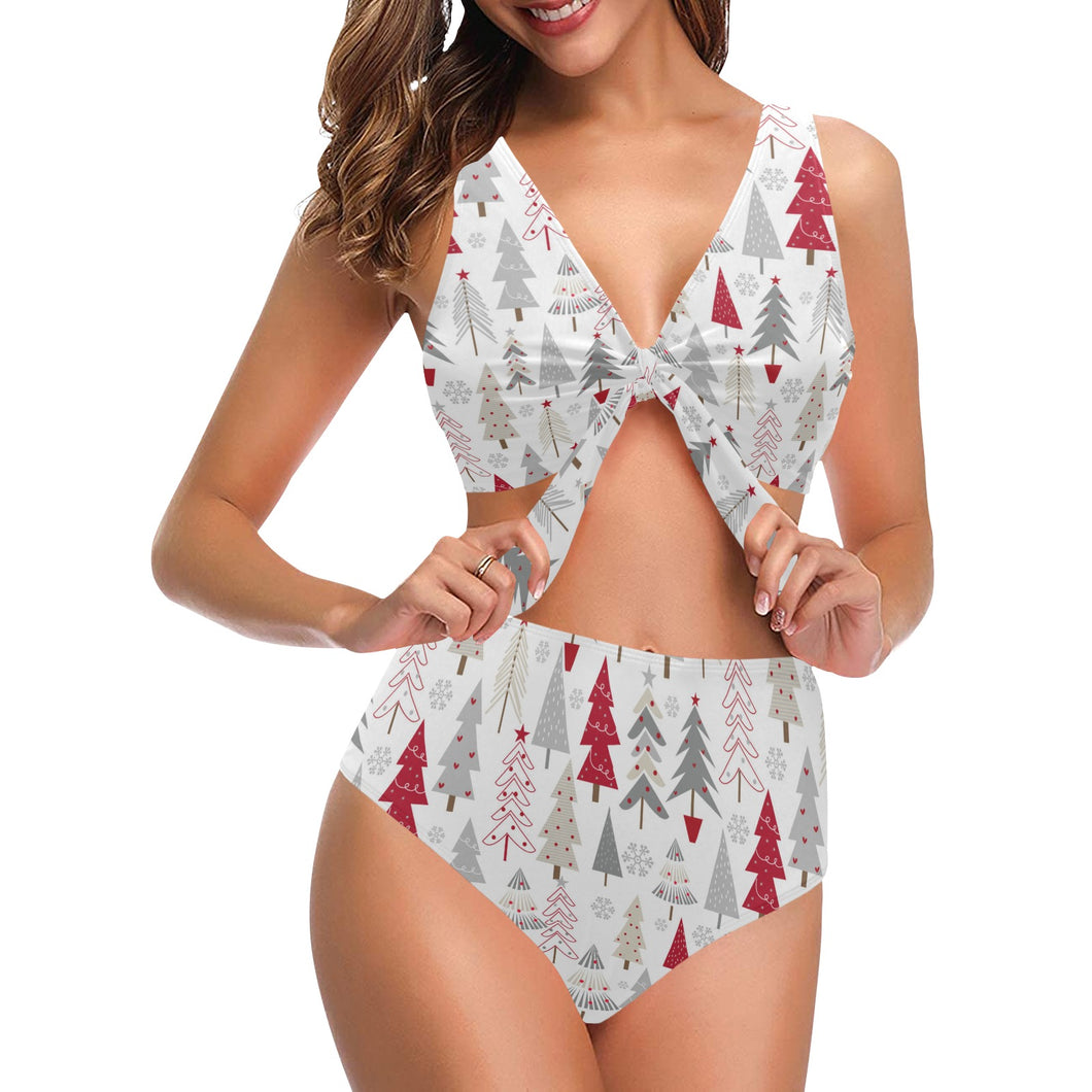 Cute Christmas tree pattern Chest Bowknot High Waisted Bikini Swimsuit
