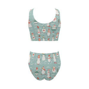 Cute snowman pattern Chest Bowknot High Waisted Bikini Swimsuit