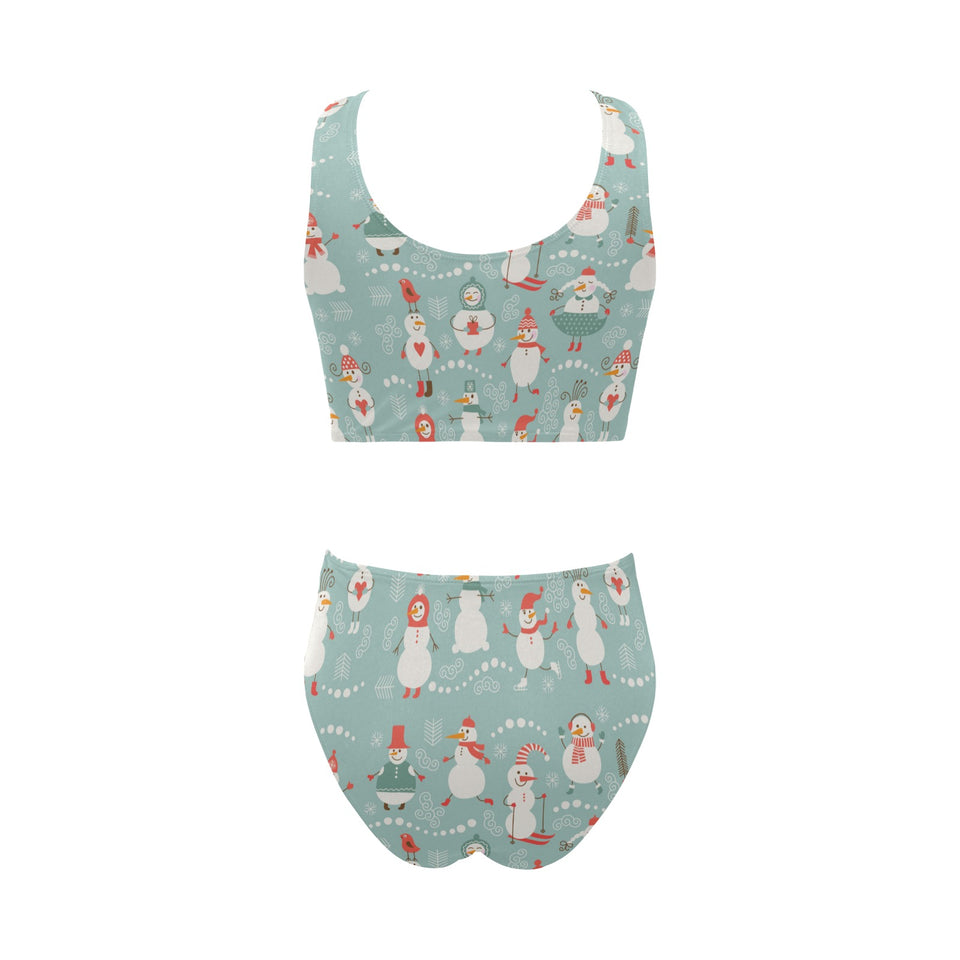 Cute snowman pattern Chest Bowknot High Waisted Bikini Swimsuit