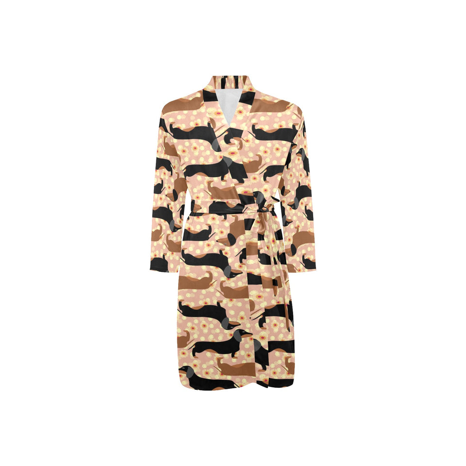 Dachshund floral background Men's Long Sleeve Belted Night Robe