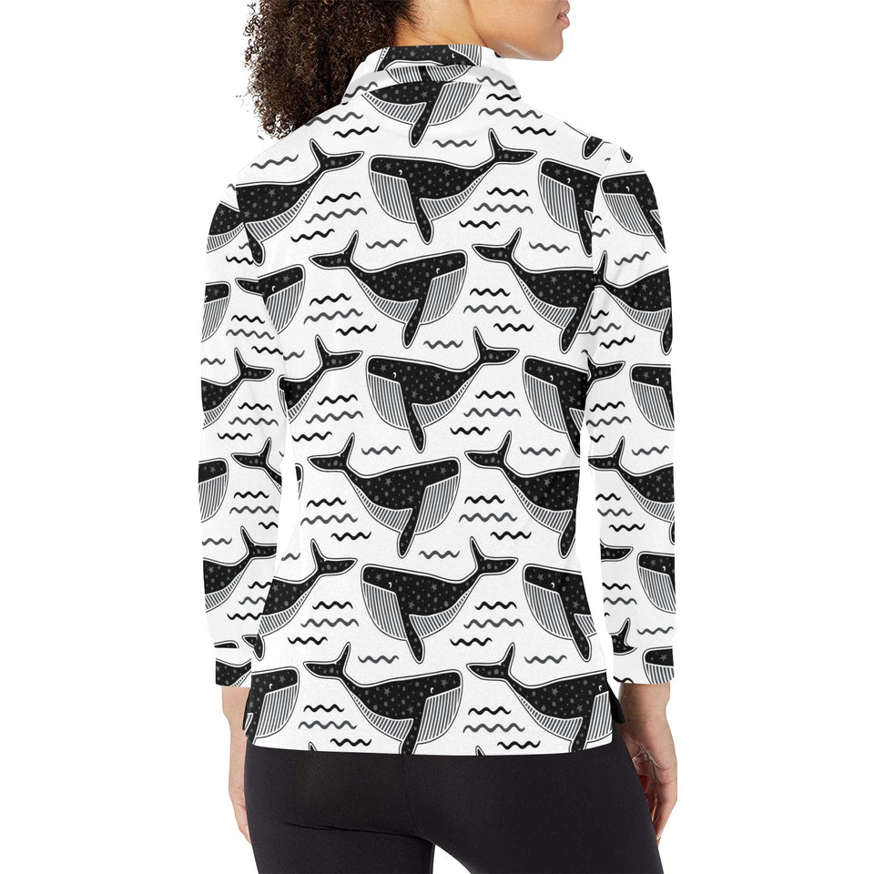 Black whale pattern Women's Long Sleeve Polo Shirt