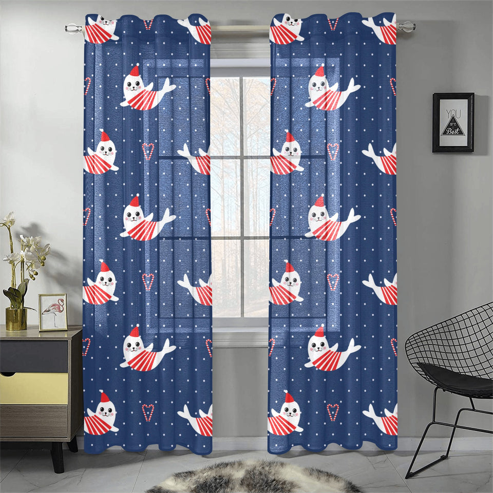 Cute sea lion seal christmas hat candy cane heart Gauze Curtain