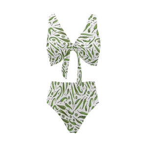 Hand drawn sketch style green Chili peppers patter Chest Bowknot High Waisted Bikini Swimsuit