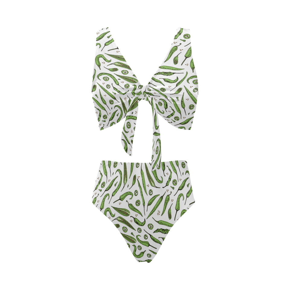 Hand drawn sketch style green Chili peppers patter Chest Bowknot High Waisted Bikini Swimsuit