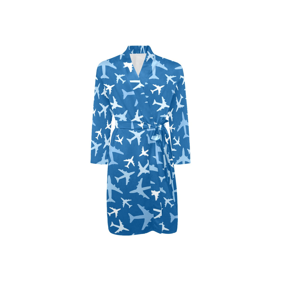 Airplane pattern in the sky Men's Long Sleeve Belted Night Robe