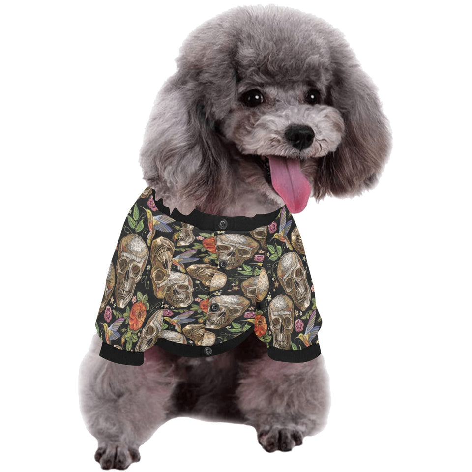 Skull rose humming bird flower pattern All Over Print Pet Dog Round Neck Fuzzy Shirt