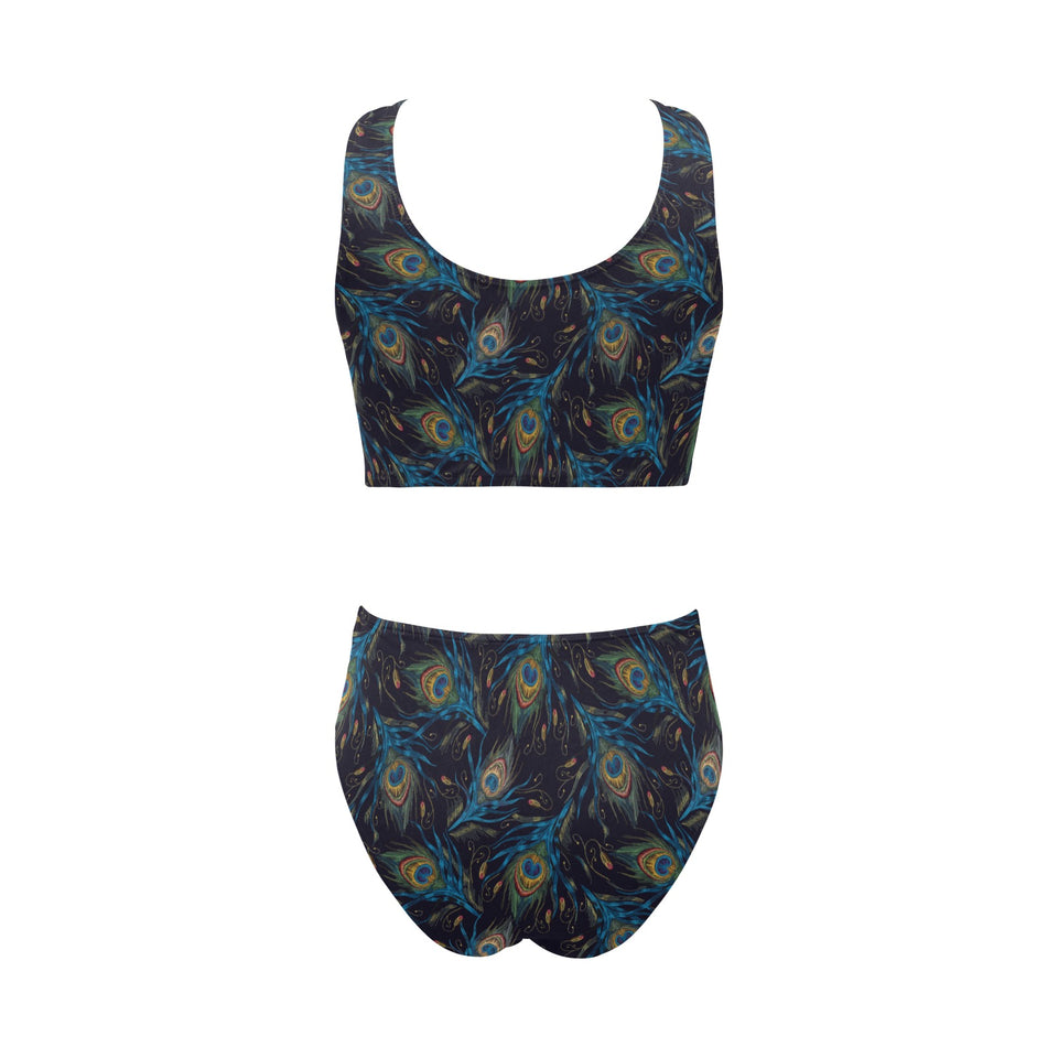 Beautiful peacock feather pattern Chest Bowknot High Waisted Bikini Swimsuit