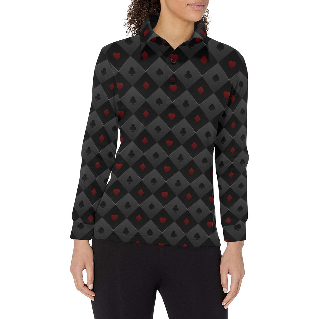 Casino Cards Suits Pattern Print Design 05 Women's Long Sleeve Polo Shirt