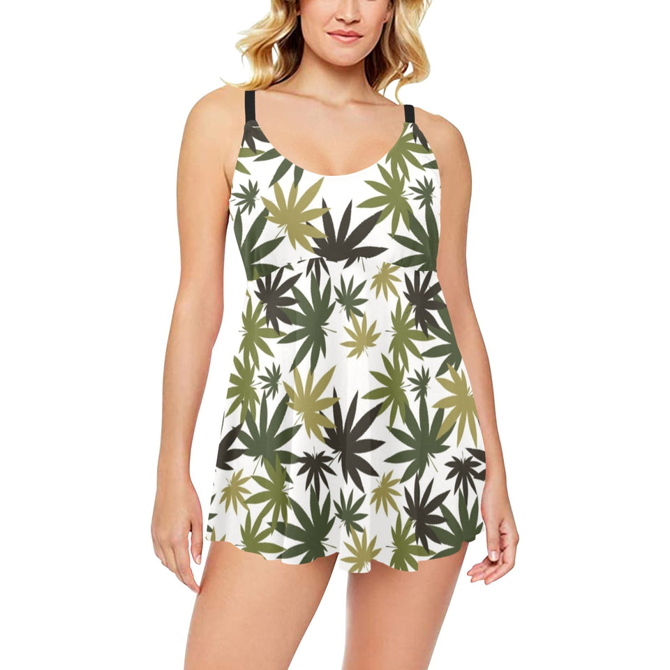 Canabis Marijuana Weed Pattern Print Design 05 Chest Sexy Pleated Two Piece Swim Dress