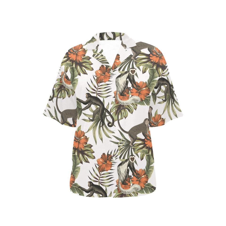 Monkey red hibiscus flower palm leaves floral patt Women's All Over Print Hawaiian Shirt