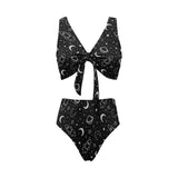 Hand drawn space rocket star planet Chest Bowknot High Waisted Bikini Swimsuit
