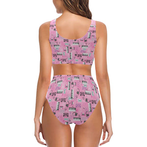 Piano Pattern Print Design 01 Chest Bowknot High Waisted Bikini Swimsuit