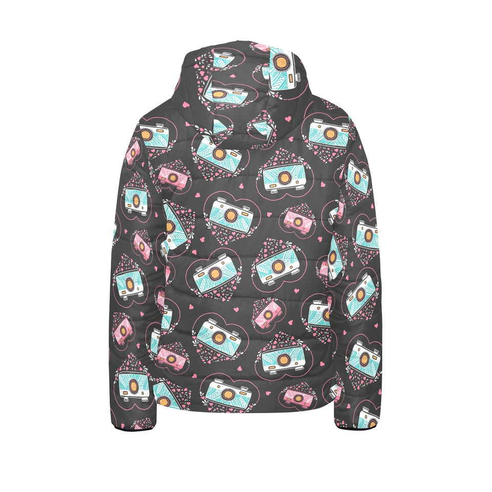 Camera Pattern Print Design 04 Kids' Boys' Girls' Padded Hooded Jacket
